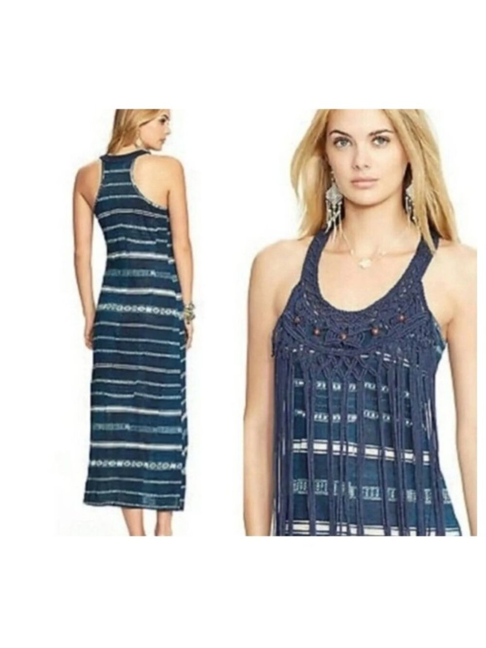 Denim & Supply Womens Dress Medium Blue Indigo Maxi Tassel Fringe Festival Boho